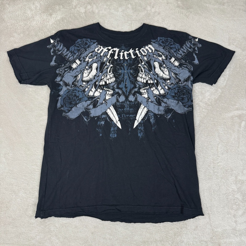 Vintage Y2K Affliction Skull Knife Shirt Mens XL Black Preowned Gothic Punk